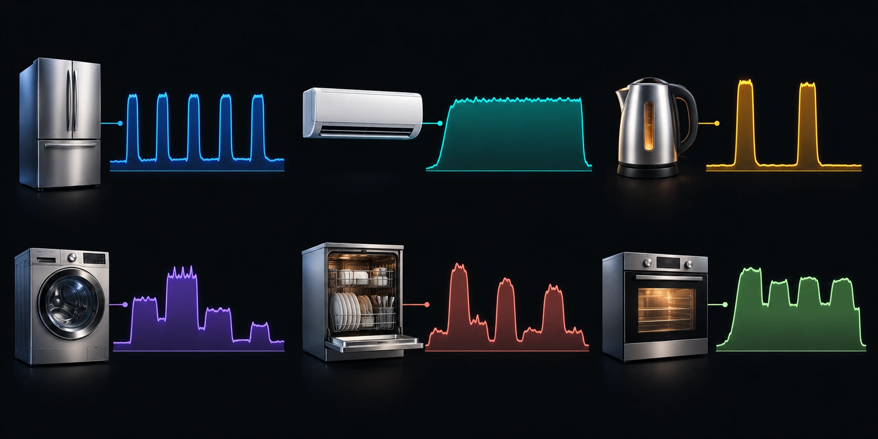Six illustrative appliance power curves: refrigerator, air conditioner, kettle, washing machine, dishwasher, and oven