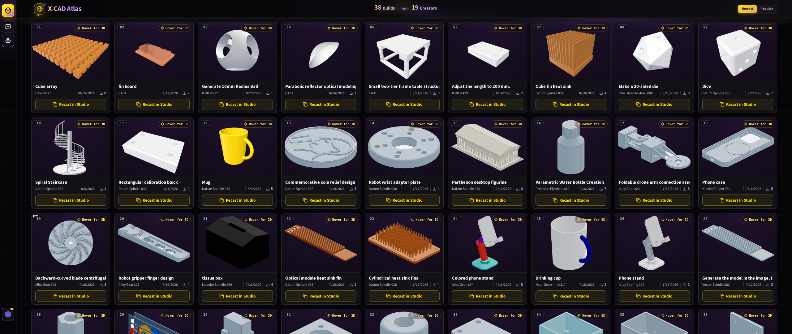 Wide desktop view of X-CAD Atlas in its Obsidian dark theme